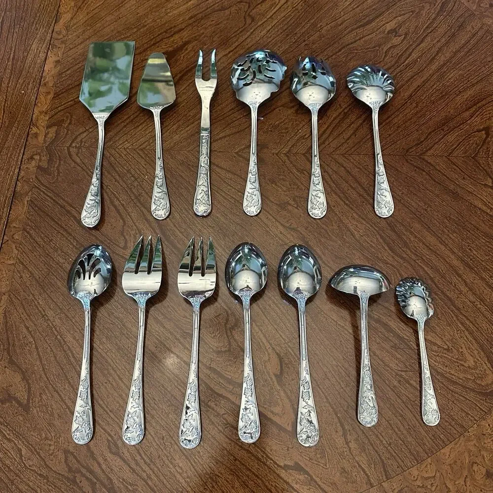 Reed Barton Flatware Queens Garden Floral Embossed Stainless 13 Pc Serving Set